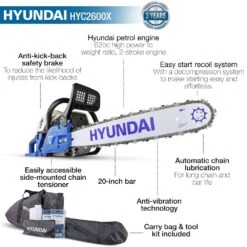 Hyundai 62cc 20” Petrol Chainsaw, 2-Stroke Easy-Start | HYC6200X -Horti Gear Sales Store hyc6200x features