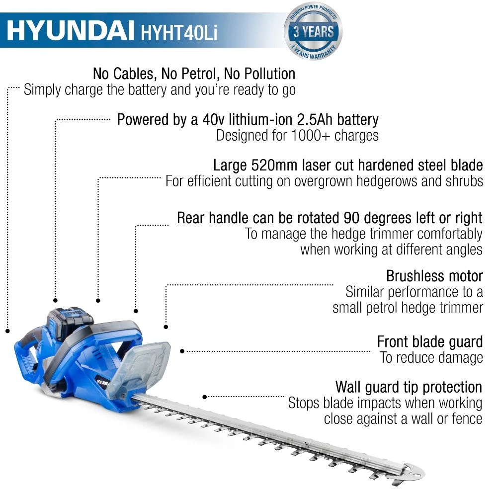 Hyundai 40v Lithium-ion Battery Hedge Trimmer With Battery And Charger | HYHT40LI 4 Hyundai 40v Lithium-ion Battery Hedge Trimmer With Battery And Charger | HYHT40LI - Image 2