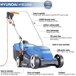 Hyundai 32cm Corded Electric 1000w/240v Lawnmower | HYM3200E -Horti Gear Sales Store hym3200e features 1