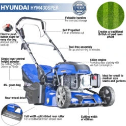 Hyundai 17"/43cm 139cc Electric-Start Self-Propelled Petrol Roller Lawnmower | HYM430SPER -Horti Gear Sales Store hym430sper features