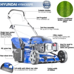 Hyundai 17"/43cm 139cc Self-Propelled Petrol Roller Lawnmower | HYM430SPR -Horti Gear Sales Store hym430spr features