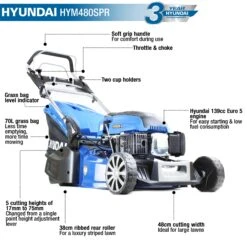 Hyundai 19"/48cm 139cc Self-Propelled Petrol Roller Lawnmower | HYM480SPR -Horti Gear Sales Store hym480spr 14