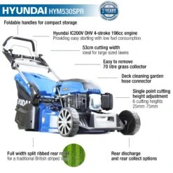 Hyundai 21"/53cm 196cc Self-Propelled Petrol Roller Lawnmower | HYM530SPR -Horti Gear Sales Store hym530spr features